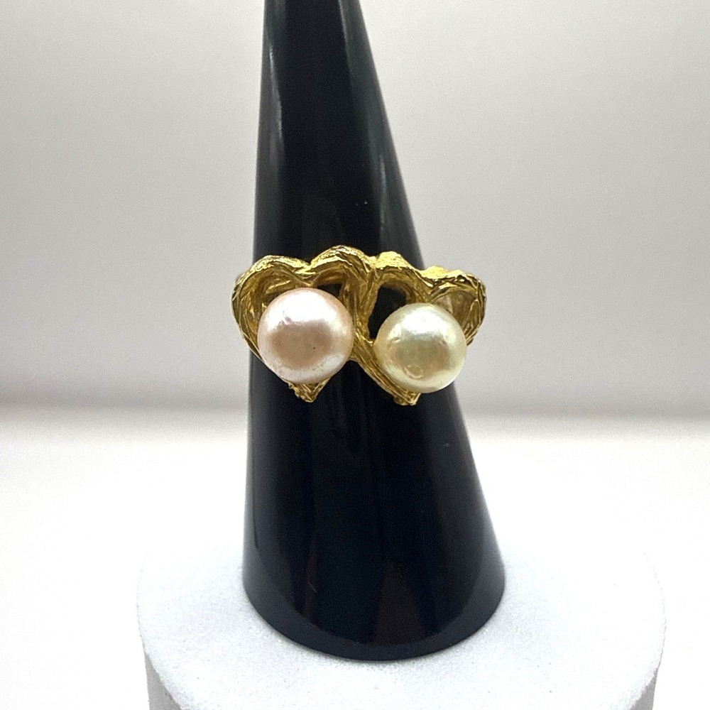 Vintage Gold Tone Double Pearl Heart Bypass Ring Adjustable Band Statement Ring